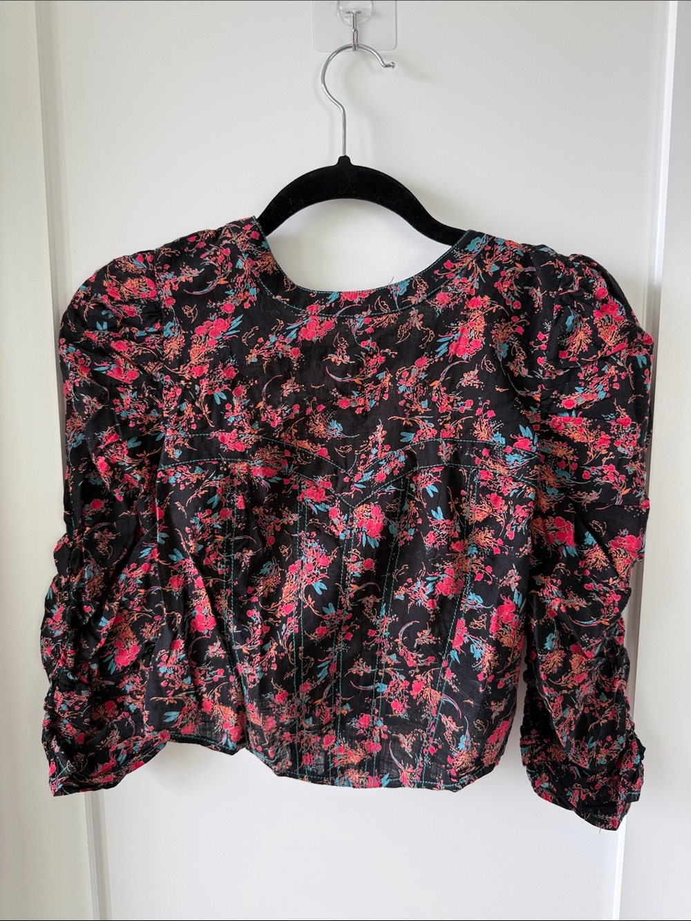 Free People Monica Bodice Top Floral Puff Sleeves Smocked Boho Crop